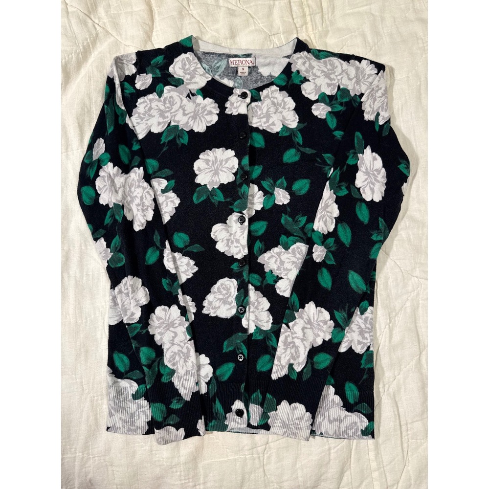 Merona Womens Black White Floral Cotton Blend Button Front Cardigan Sweater Sz S